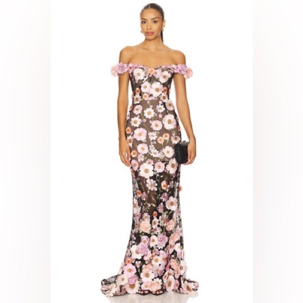 NWOT Bronx and Banco Jasmine Black Multi Off Shoulder Gown w 3D flower, XS